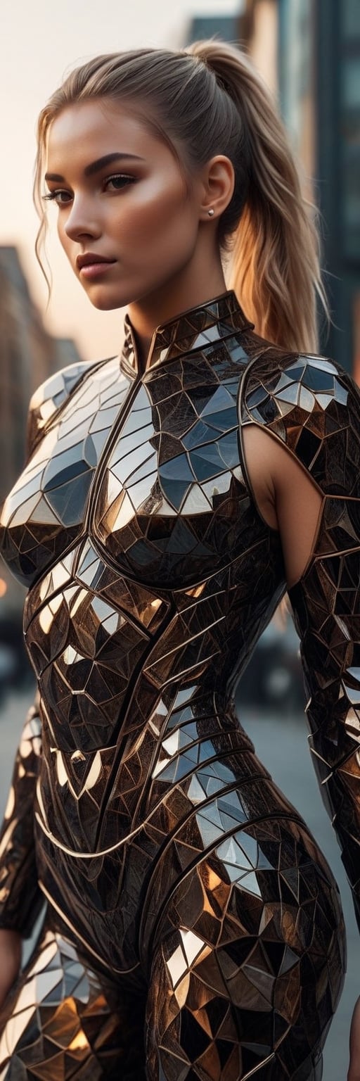 a beautiful and sexy french model 19 yo, ponytail, wearing a light golden and shiny obsidian futuristic hexagonal suit, organic translucent surface textures, looking at camera,  ultra high quality model, 8k Ultra HD a night in the city background, Karol Bak,Obsidian_Diamond