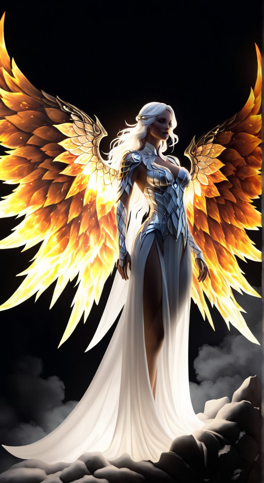 In a garden of fire and crystal, white, stands a breathtakingly beautiful woman. Intricate lattices of molten gold can be seen molded directly into her pearly white skin. This second skin, a blend of grace and brutality, glows with an inner light and reflects the desolate landscape around it. It frames her silhouette in the darkening light. Huge wings of fire, silhouettes, long shadows, beautiful sky, beautiful cape, reflections, black bodysuit,