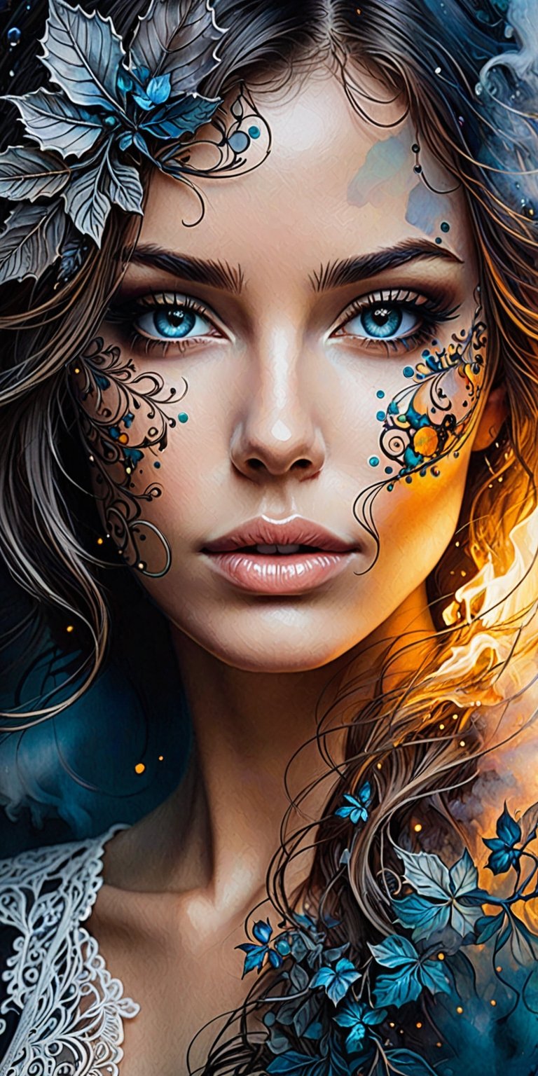 mysterious beautiful woman, perfect face and eyes, Alcohol ink, splatter art, oil painting, smoke, Fantastic Realism and Sharp Focus, Mysterious Filigree Elements, Glowing Accents,fantasy art