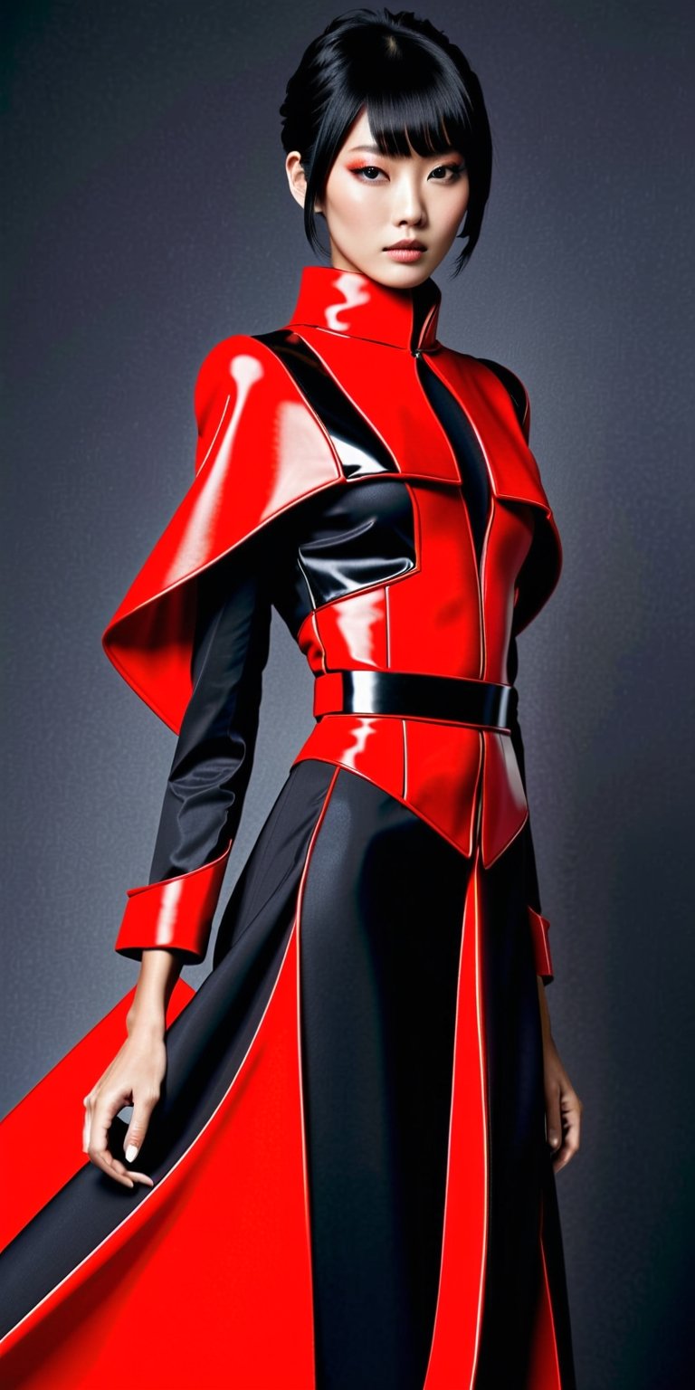 This fashion piece is where traditional Japanese aesthetics meet the futuristic vision of Metabolism, creating a bold statement of adaptability and change.woman, Art inspired by [Kenzo Tange | Kisho Kurokawa | Fumihiko Maki | Arata Isozaki | Hiroshi Hara | Toyo Ito] in the style of (futuristic, modular, bold colors, organic, adaptable, red and black palette, innovative, dynamic, structural, artistic, modern, bold, unique, sophisticated, visionary, chic, impactful, expressive, sleek, creative).