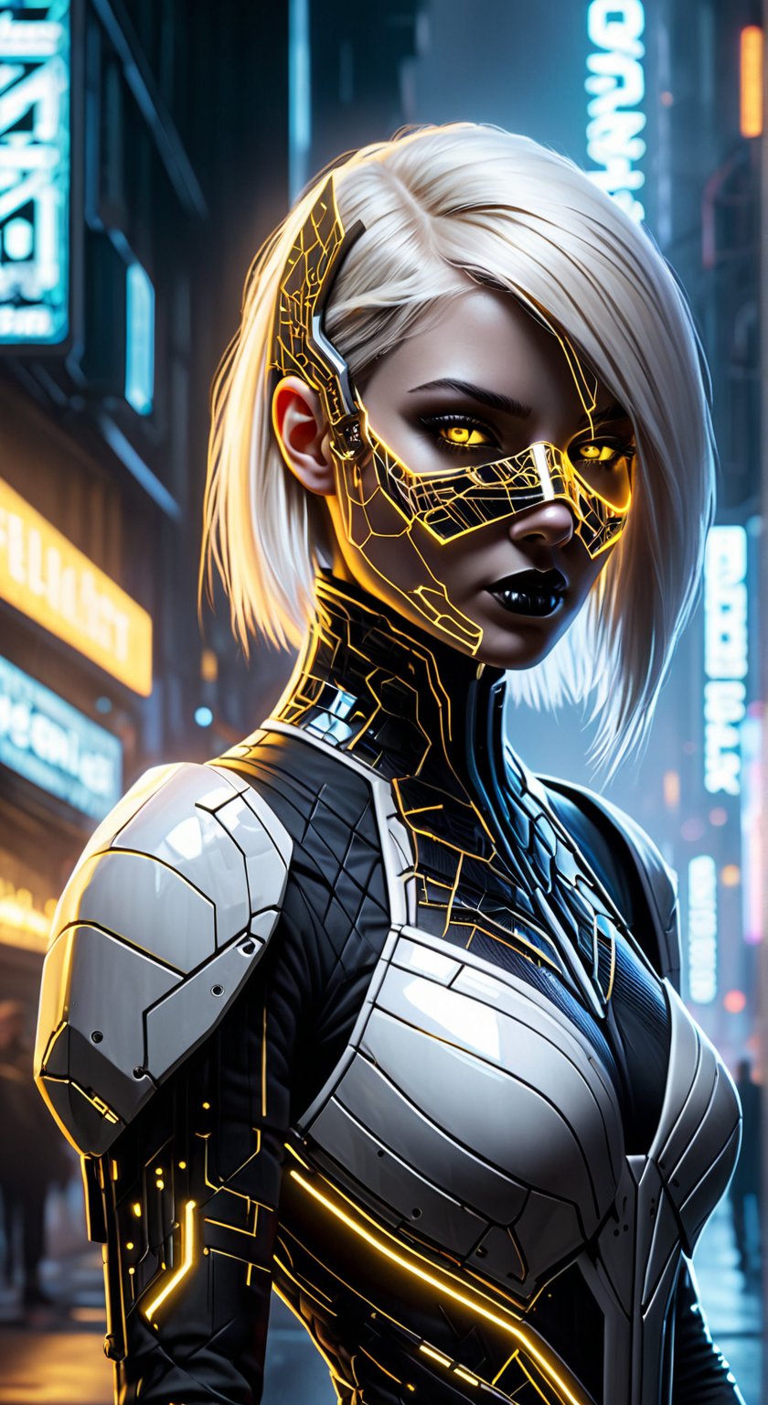 A cyber-noir portrait emerges: a young woman with platinum blonde hair contrasts against the ink-black cyberpunk cityscape veiled behind her. Her hair is undercut with neon tracers that emulate the city's electric veins, a stark silhouette against the night. She wears a high-tech dress, its white fabric edged with angular, black graphene accents. The dress, embossed with interactive gold leaf circuits, reacts with subtle luminescence to her movements. Half her face is obscured by a shattered porcelain mask, now integrated with obsidian-black nanofibers and golden circuitry that whirs silently, reflecting a world of shadows and artificial light. The mask's eye socket glows ominously, revealing her serious expression through a visor displaying cryptic data streams. Dramatic underlighting carves out her figure, casting her in a web of shadows and accentuating the fine, dark details of her cybernetic enhancements, crafting a portrait that is provocatively cyberpunk yet rooted in a dark, textured reality.
