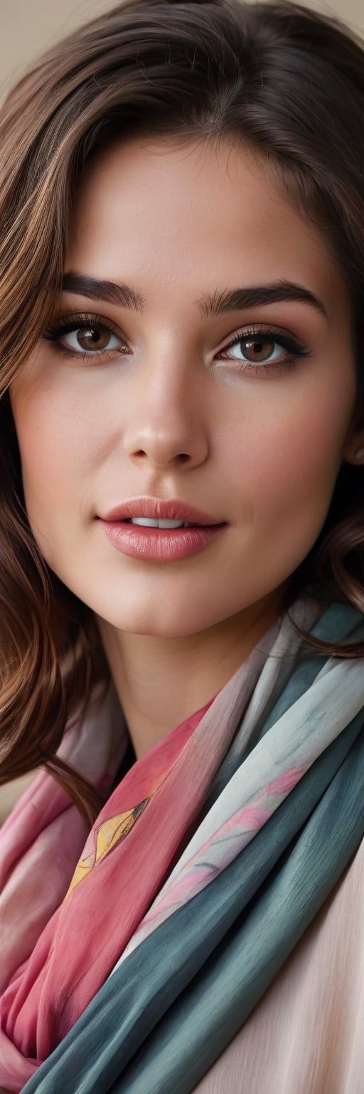 Hyper realistic image of a 25-year-old Mediterranean beauty, her dark chestnut hair flowing freely, adorned with a slender silk scarf. Her deep hazel eyes are highlighted by subtle smoky makeup, and her full, rose-tinted lips part slightly in a whisper of a smile. The portrait captures her in a minimalist style, with bold charcoal lines and splashes of watercolor in earthy tones