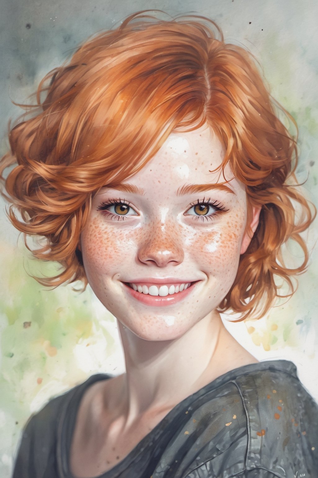 18 yo girl, beautiful, short ginger hair, freckles, shy smile, beautiful, natural skin, textured skin, by vovin, sam yang art style,