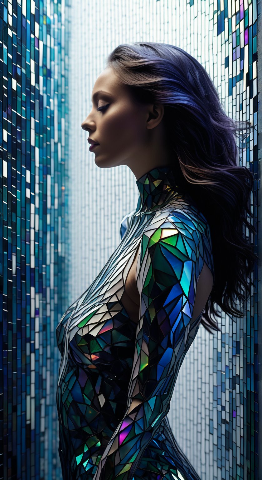 TranslucentGeometry, woman, flowing hair and skin resembling shattered black glass interwoven with geometric patterns, reflecting a complex interplay of colorful abstract and real elements of her surroundings. This stark, monochromatic palette is enriched with bursts of iridescent colors—vivid blues, purples, and greens—that highlight her introspective and poignant expression. Beneath her translucent skin, the skeletal structures incorporate geometric forms, adding an intricate layer of design and delving into themes of identity and self-perception. Rendered in 4K 3D, the focus is on the dark, fragmented texture intertwined with precise geometric lines and dramatic lighting that casts deep, structured shadows interplayed with colorful light reflections, creating an enigmatic and intense atmosphere. Integrate elements of fine white and silver particles forming crystalline shapes across her body, with light and shadows dynamically interacting within the geometrically fragmented form. Artistic motifs include a swirling vortex with angular edges, cosmic waves rendered in sapphire tones with vector-style graphics, and ethereal Yarn DNA structures resembling a sequence of interconnected polygons against a backdrop of a stark, minimalist white wall. Above her, the sky melds surreal cracks with a structured, grid-like pattern, illuminated by a twilight sunset that casts a spectrum of chromatic hues, enhancing the blend of surrealism and structured reality.