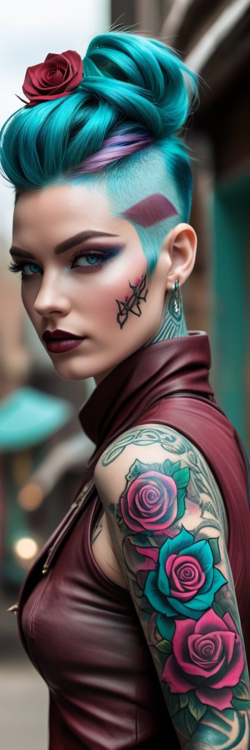 woman wearing Mannerpunk fashion, Mahogany skin, Ice Blue eyes, Turquoise blue Undercut, rose tattoo,  character art, masterpiece, 8k, high resolution, shallow depth of field, sharp focus,Leonardo