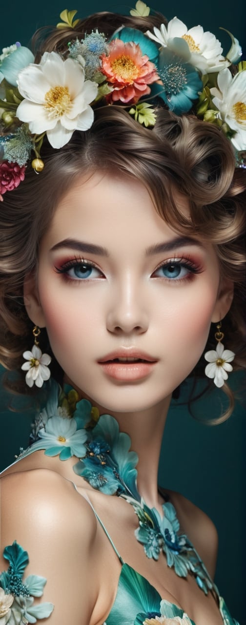 Intricate image of a Beautiful floral girl with flowy flowe-like hair, work of beauty and complexity, hyperdetailed facial features, 8k UHD, close-up, alberto seveso style 