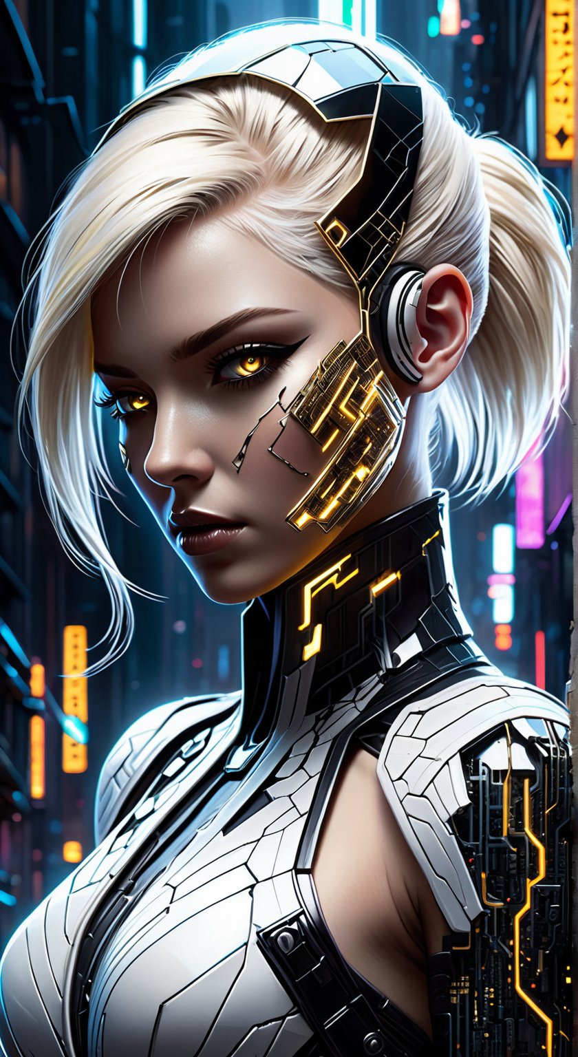 A cyber-noir portrait emerges: a young woman with platinum blonde hair contrasts against the ink-black cyberpunk cityscape veiled behind her. Her hair is undercut with neon tracers that emulate the city's electric veins, a stark silhouette against the night. She wears a high-tech dress, its white fabric edged with angular, black graphene accents. The dress, embossed with interactive gold leaf circuits, reacts with subtle luminescence to her movements. Half her face is obscured by a shattered porcelain mask, now integrated with obsidian-black nanofibers and golden circuitry that whirs silently, reflecting a world of shadows and artificial light. The mask's eye socket glows ominously, revealing her serious expression through a visor displaying cryptic data streams. Dramatic underlighting carves out her figure, casting her in a web of shadows and accentuating the fine, dark details of her cybernetic enhancements, crafting a portrait that is provocatively cyberpunk yet rooted in a dark, textured reality.
