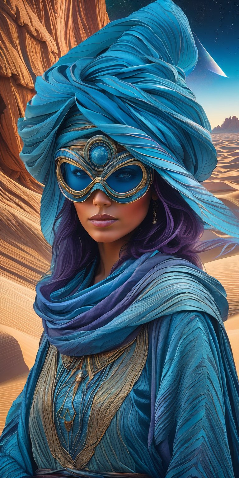 Imagine a lone woman with wind-kissed hair and eyes shielded by weathered goggles, a silhouette against the vastness of an alien desert. This scene, drawing inspiration from the surrealism of Tomasz Alen Kopera, places her on a distant planet envisioned by the likes of Hildebrandt and Peter Mohrbacher. Around her, the terrain whispers stories of blue djinn and astral mysteries, reminiscent of the vibrant avatars found in Starfinder. She stands enveloped in the celestial hues of an otherworldly sky—a palette that could only be conceived by Astri Lohne—where the atmosphere dances with colors that defy earthly expectations. Here, she is both explorer and part of the cosmic canvas, a figure of resilience and wonder amidst the colorful chaos of an alien world.