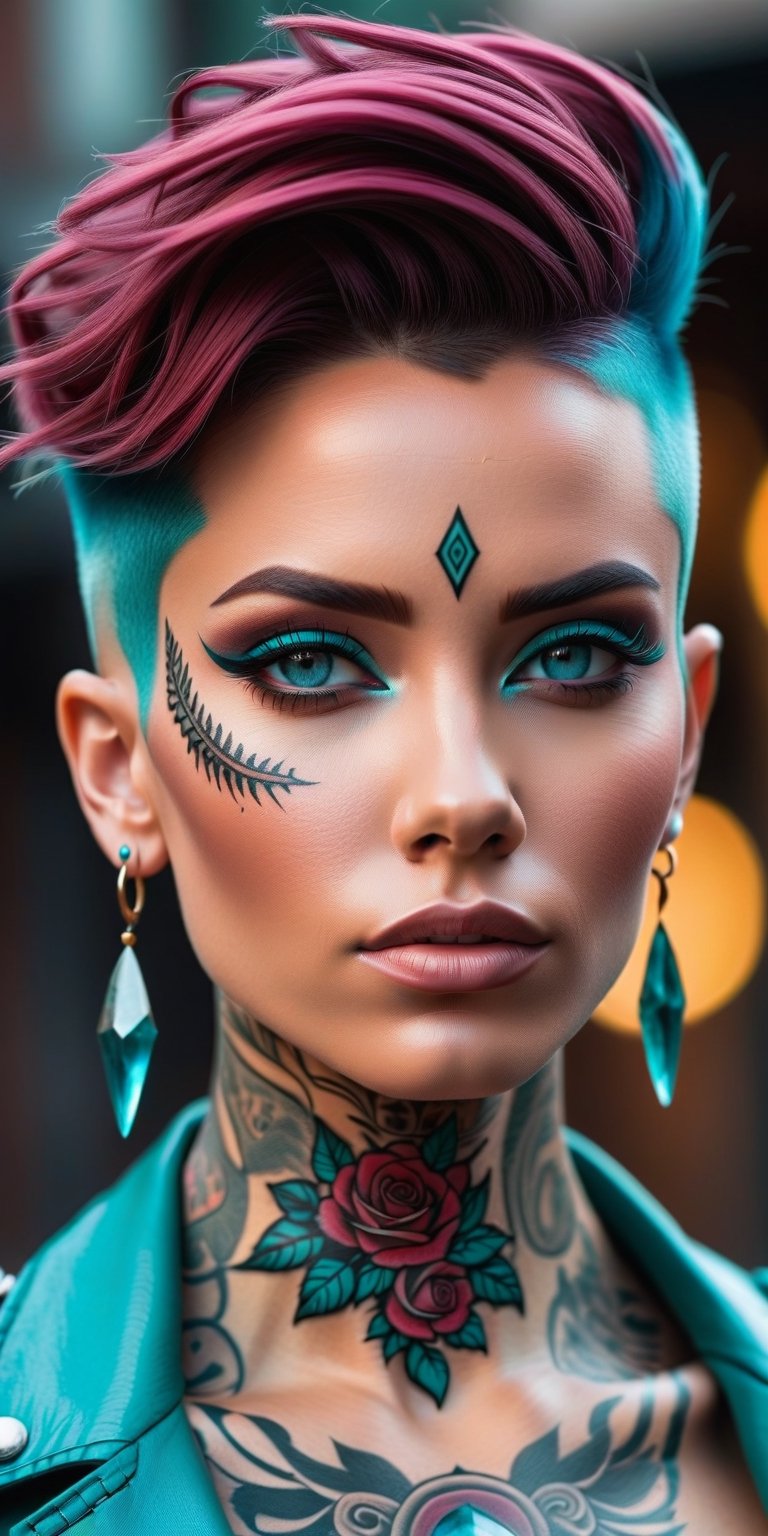 woman wearing Mannerpunk fashion, Mahogany skin, Ice Blue eyes, Turquoise blue Undercut, rose tattoo, portrait, character art, masterpiece, 8k, high resolution, shallow depth of field, sharp focus,