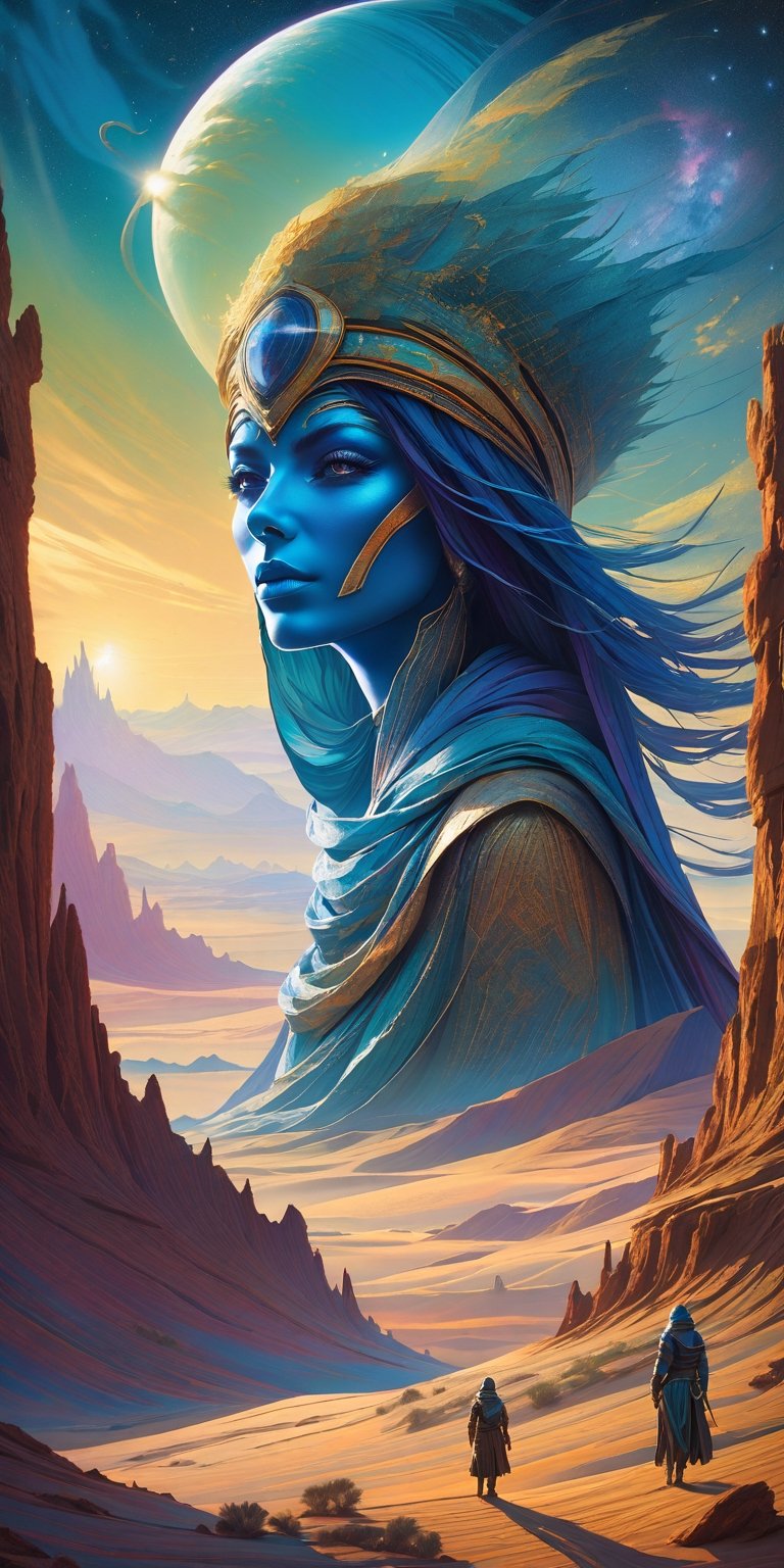 Imagine a lone woman with wind-kissed hair and eyes shielded by weathered goggles, a silhouette against the vastness of an alien desert. This scene, drawing inspiration from the surrealism of Tomasz Alen Kopera, places her on a distant planet envisioned by the likes of Hildebrandt and Peter Mohrbacher. Around her, the terrain whispers stories of blue djinn and astral mysteries, reminiscent of the vibrant avatars found in Starfinder. She stands enveloped in the celestial hues of an otherworldly sky—a palette that could only be conceived by Astri Lohne—where the atmosphere dances with colors that defy earthly expectations. Here, she is both explorer and part of the cosmic canvas, a figure of resilience and wonder amidst the colorful chaos of an alien world.