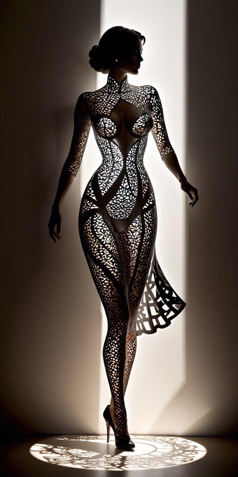 cucoloris patterned illumination, casting shadow style,In a dimension of abstract sophistication, a woman's figure becomes the focal point of an elaborate interplay of shadows. 
