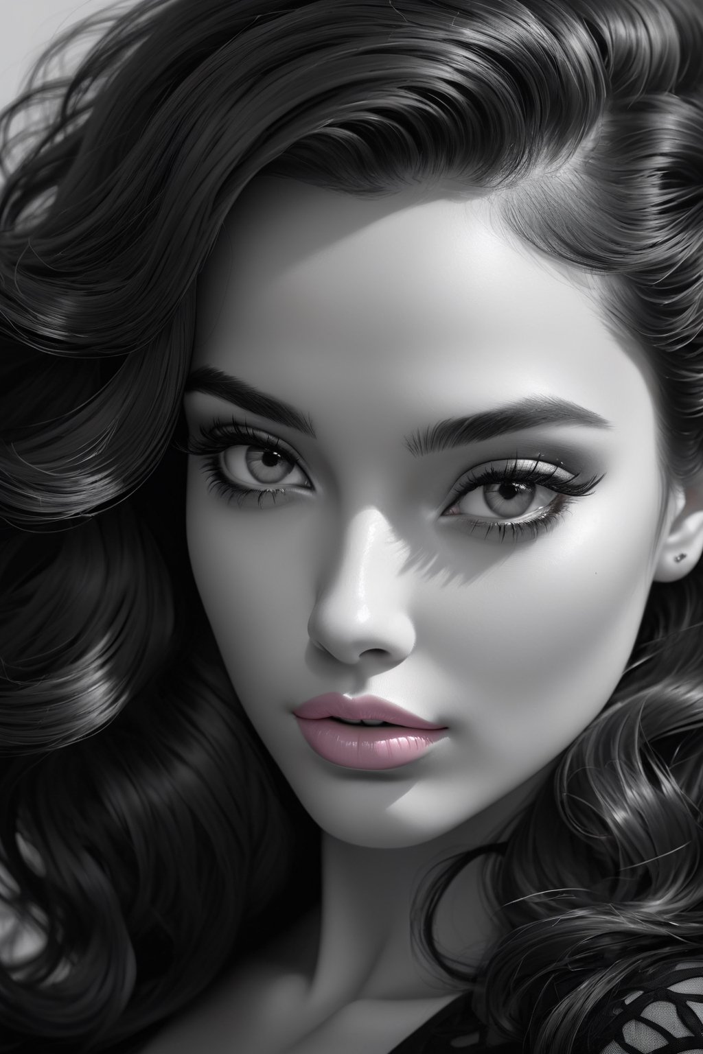 up close portrait of a beautiful woman in black and white picture, light pink lips, art by diego fazio and diegoKoi and oscar Ukono, concept art, sharp focus, artgerm, 8k, highly detailed 
