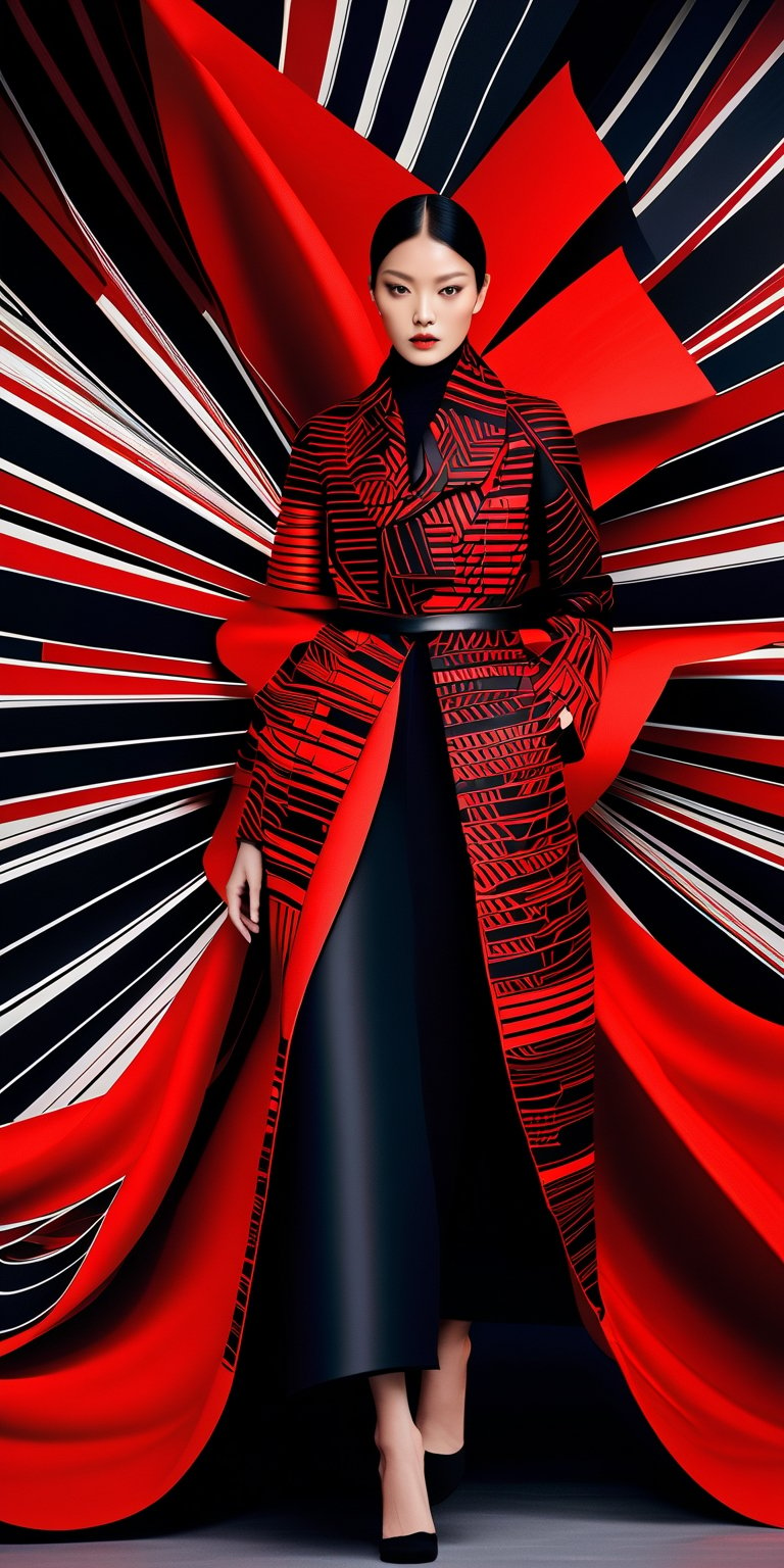 This fashion piece is where traditional Japanese aesthetics meet the futuristic vision of Metabolism, creating a bold statement of adaptability and change.woman, Art inspired by [Kenzo Tange | Kisho Kurokawa | Fumihiko Maki | Arata Isozaki | Hiroshi Hara | Toyo Ito] in the style of (futuristic, modular, bold colors, organic, adaptable, red and black palette, innovative, dynamic, structural, artistic, modern, bold, unique, sophisticated, visionary, chic, impactful, expressive, sleek, creative).