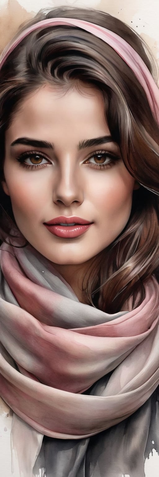 Hyper realistic image of a 25-year-old Mediterranean beauty, her dark chestnut hair flowing freely, adorned with a slender silk scarf. Her deep hazel eyes are highlighted by subtle smoky makeup, and her full, rose-tinted lips part slightly in a whisper of a smile. The portrait captures her in a minimalist style, with bold charcoal lines and splashes of watercolor in earthy tones