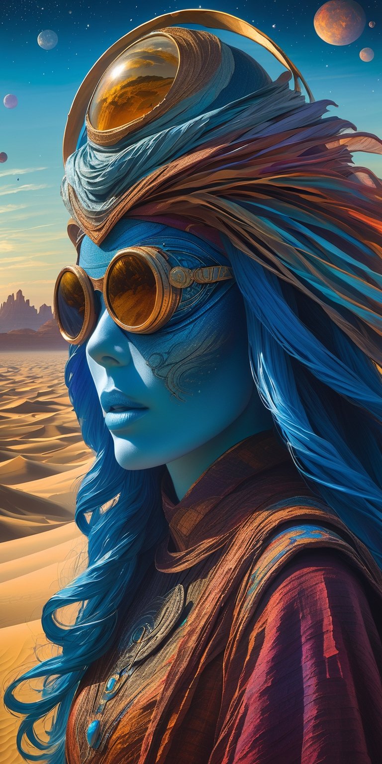 Imagine a lone woman with wind-kissed hair and eyes shielded by weathered goggles, a silhouette against the vastness of an alien desert. This scene, drawing inspiration from the surrealism of Tomasz Alen Kopera, places her on a distant planet envisioned by the likes of Hildebrandt and Peter Mohrbacher. Around her, the terrain whispers stories of blue djinn and astral mysteries, reminiscent of the vibrant avatars found in Starfinder. She stands enveloped in the celestial hues of an otherworldly sky—a palette that could only be conceived by Astri Lohne—where the atmosphere dances with colors that defy earthly expectations. Here, she is both explorer and part of the cosmic canvas, a figure of resilience and wonder amidst the colorful chaos of an alien world.