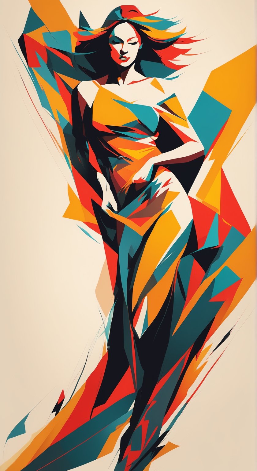 portrait of a woman, upperbody, minimalist, with dynamic movement and bold colors, by vovin, 