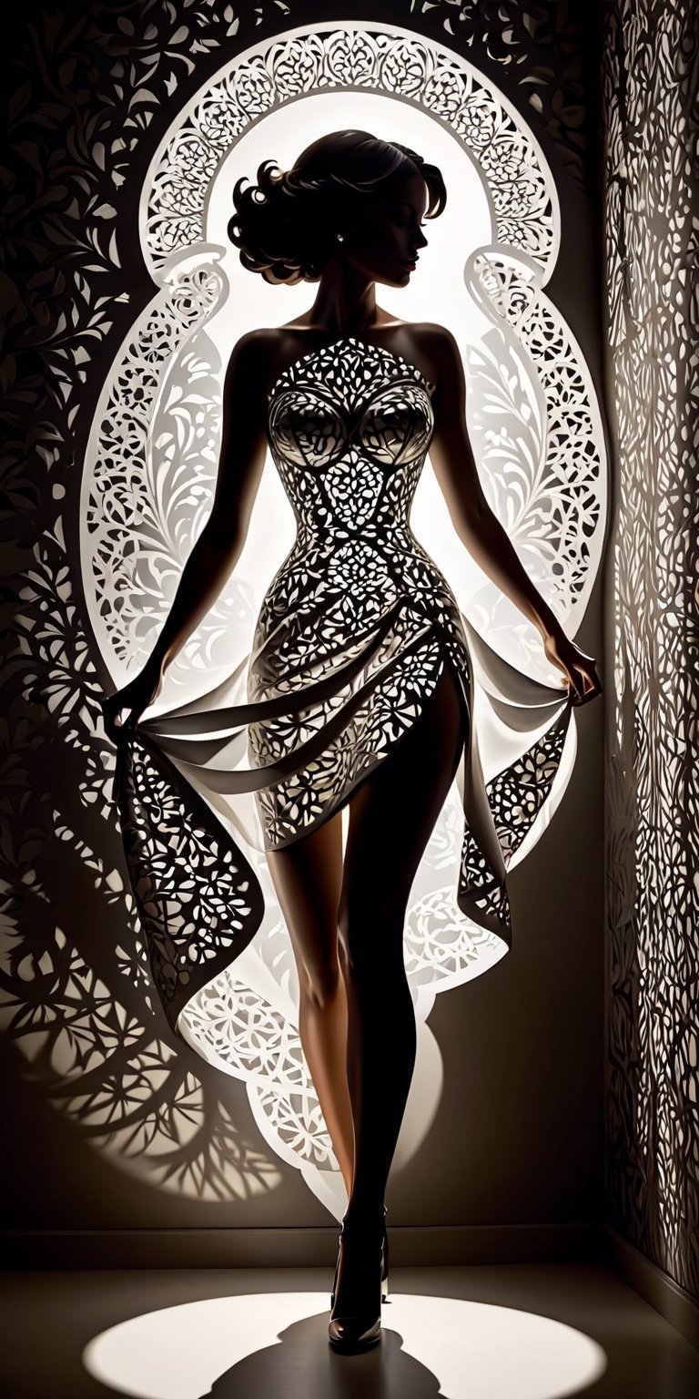 cucoloris patterned illumination, casting shadow style,In a dimension of abstract sophistication, a woman's figure becomes the focal point of an elaborate interplay of shadows. 