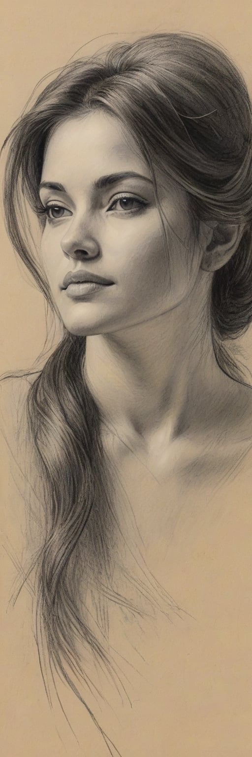 Charcoal Sketch: “A delicate portrait of a beautiful woman with wispy hair and soft features, her gaze captivating as it’s rendered in bold, sweeping strokes of charcoal on textured paper.,artint