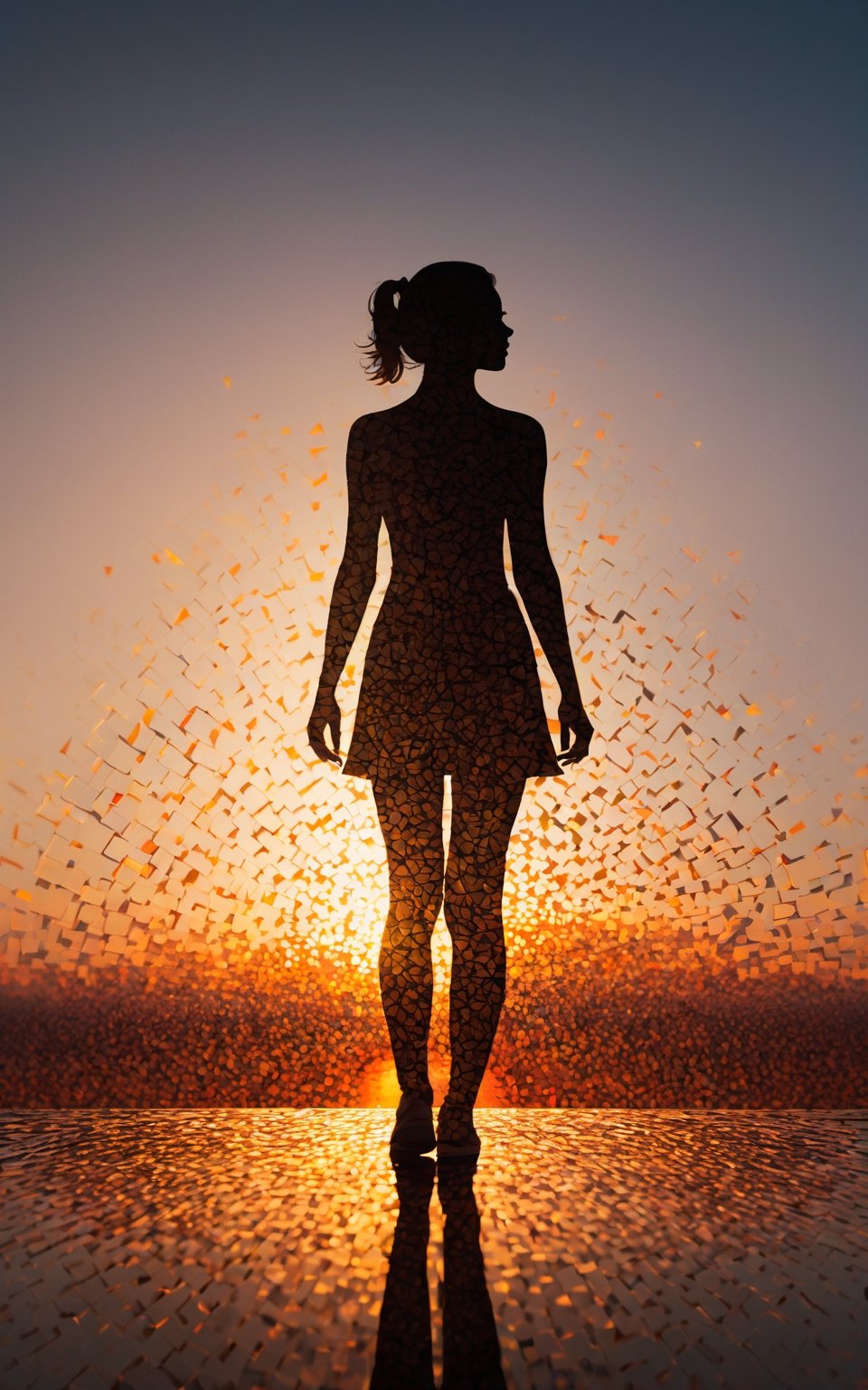 1 girl, solo, standing_split, Silhouette Art of  a girl, multiple exposure, sunset, enhance, intricate, (best quality, masterpiece, Representative work, official art, Professional, unity 8k wallpaper)
