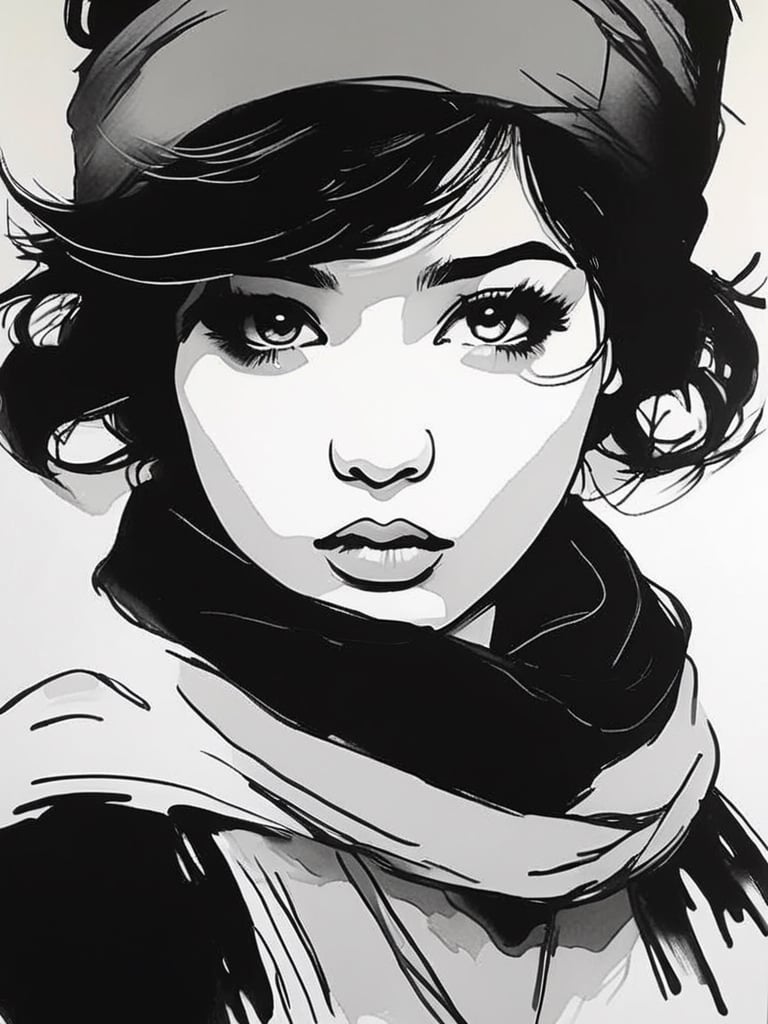 1girl, solo, looking at viewer, black hair, bandana, eye makeup, fluffy open lips, grey eyes, portrait, rough sketch, minimalist sketch, black white sketch and some random colored touch, art_booster