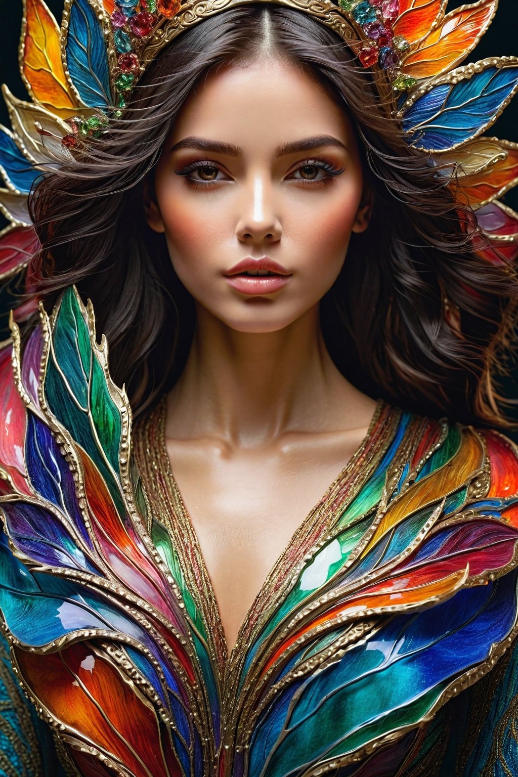  woman, Colorful glass . No background. Captured with exquisite detail on a canvas painting, the mesmerizing image evokes a sense of wonder and enchantment, showcasing the exquisite beauty of this unique creature. 3D, Magical, Fabulous, Masterpiece Painting, Highly Detailed, Captivating, Enchanting, Diffuse Light, Perfect Composition, , Trending on Artstation, Sharp Focus, Studio Photo, Intricate Details, Highly Detailed, by Greg Rutkowski, 