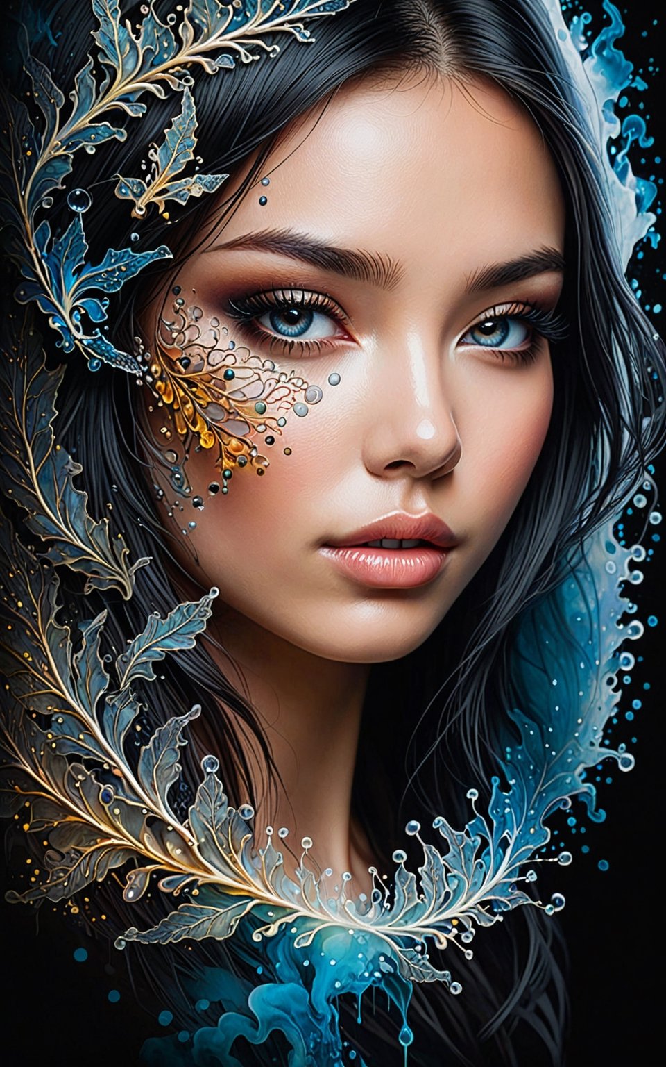 mysterious beautiful woman, perfect face and eyes, Alcohol ink, splatter art, oil painting, smoke, Miki Asai Macro photography, close-up, Fantastic Realism and Sharp Focus, Mysterious Filigree Elements, Glowing Accents,fantasy art