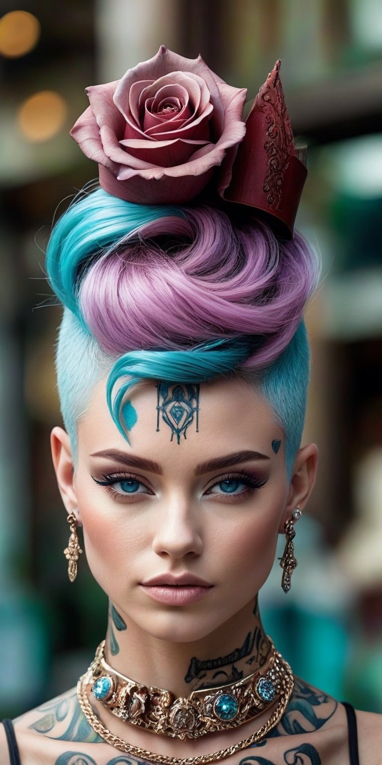 woman wearing Mannerpunk fashion, Mahogany skin, Ice Blue eyes, Turquoise blue Undercut, rose tattoo, portrait, character art, masterpiece, 8k, high resolution, shallow depth of field, sharp focus,crystal_clear