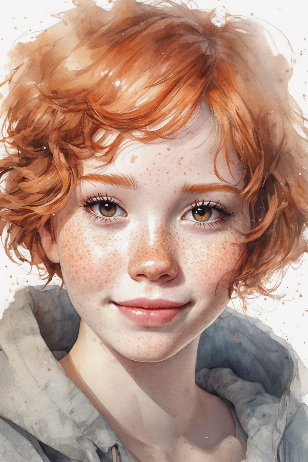 18 yo girl, beautiful, short ginger hair, freckles, shy smile, beautiful, natural skin, textured skin, by vovin, sam yang art style