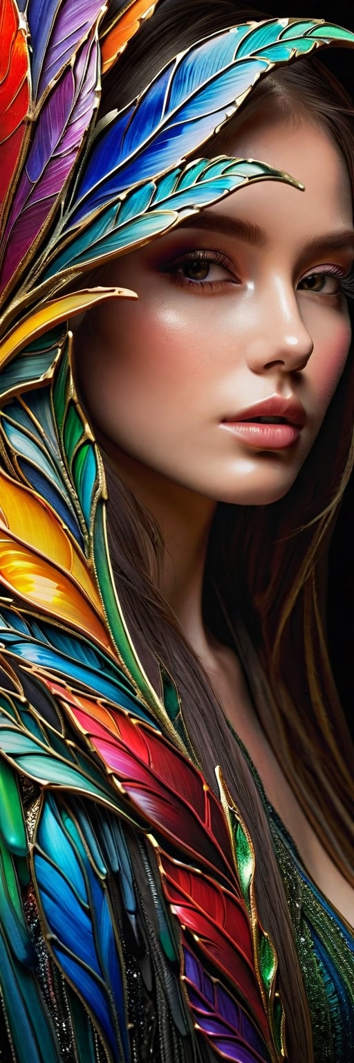  woman, Colorful glass . No background. Captured with exquisite detail on a canvas painting, the mesmerizing image evokes a sense of wonder and enchantment, showcasing the exquisite beauty of this unique creature. 3D, Magical, Fabulous, Masterpiece Painting, Highly Detailed, Captivating, Enchanting, Diffuse Light, Perfect Composition, , Trending on Artstation, Sharp Focus, Studio Photo, Intricate Details, Highly Detailed, by Greg Rutkowski, 