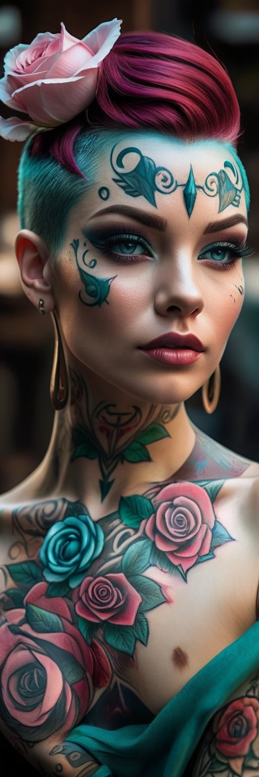 woman wearing Mannerpunk fashion, Mahogany skin, Ice Blue eyes, Turquoise blue Undercut, rose tattoo,  character art, masterpiece, 8k, high resolution, shallow depth of field, sharp focus,Leonardo