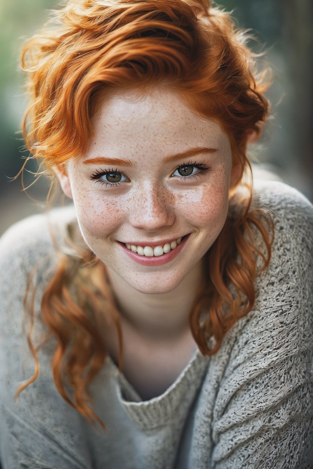 18 yo girl, beautiful, short ginger hair, freckles, shy smile, beautiful, natural skin, textured skin, by vovin, sam yang art style