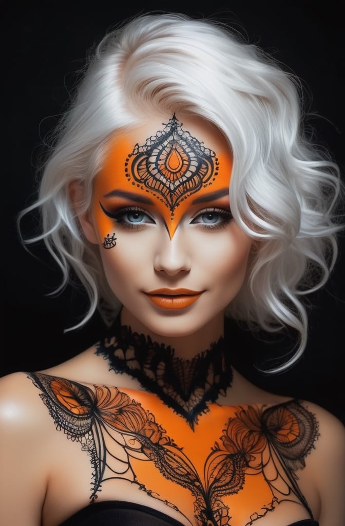 (facepaint, bodypaint,body tattoos), Wet black and orange color inks line art dreamy female portrait with lace filigrees on black canvas illustration described in the perfect fractal style of Vassily Kandinsky, white hair,  seductive smile, nude, (((upper body))), 
(masterpiece, top quality, best quality, official art, beautiful and aesthetic:1.2), upperbody
,photo r3al