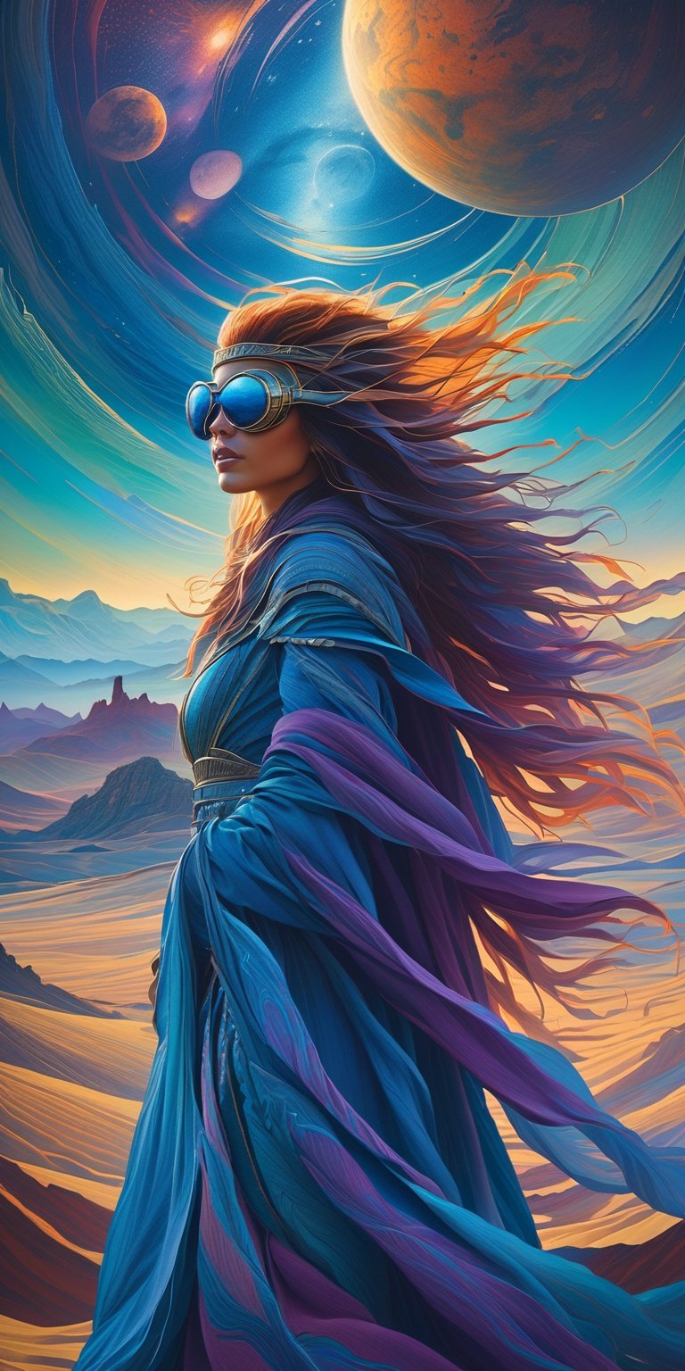 Imagine a lone woman with wind-kissed hair and eyes shielded by weathered goggles, a silhouette against the vastness of an alien desert. This scene, drawing inspiration from the surrealism of Tomasz Alen Kopera, places her on a distant planet envisioned by the likes of Hildebrandt and Peter Mohrbacher. Around her, the terrain whispers stories of blue djinn and astral mysteries, reminiscent of the vibrant avatars found in Starfinder. She stands enveloped in the celestial hues of an otherworldly sky—a palette that could only be conceived by Astri Lohne—where the atmosphere dances with colors that defy earthly expectations. Here, she is both explorer and part of the cosmic canvas, a figure of resilience and wonder amidst the colorful chaos of an alien world.