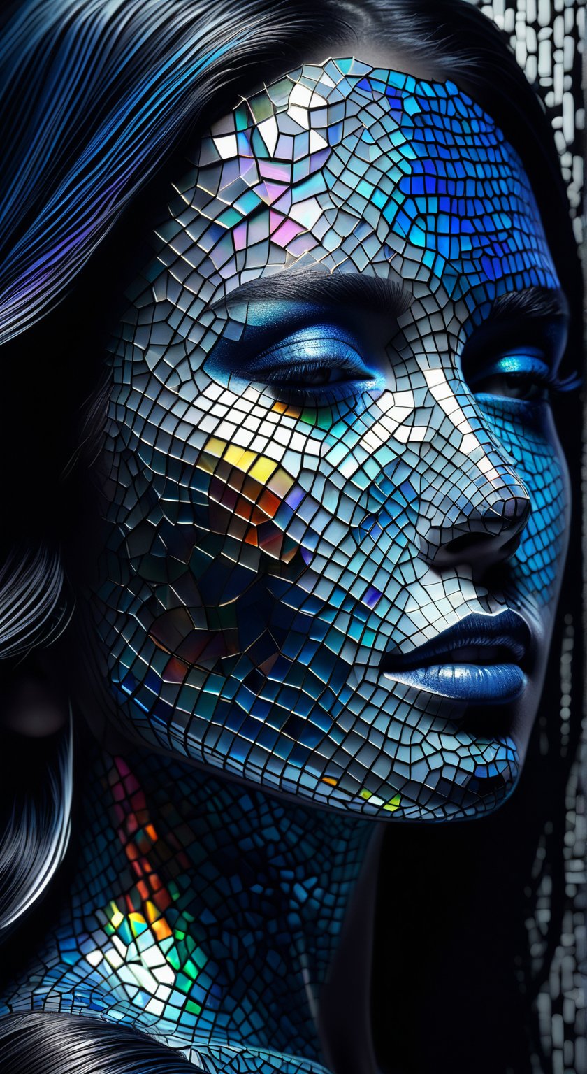 TranslucentGeometry, woman, flowing hair and skin resembling shattered black glass interwoven with geometric patterns, reflecting a complex interplay of colorful abstract and real elements of her surroundings. This stark, monochromatic palette is enriched with bursts of iridescent colors—vivid blues, purples, and greens—that highlight her introspective and poignant expression. Beneath her translucent skin, the skeletal structures incorporate geometric forms, adding an intricate layer of design and delving into themes of identity and self-perception. Rendered in 4K 3D, the focus is on the dark, fragmented texture intertwined with precise geometric lines and dramatic lighting that casts deep, structured shadows interplayed with colorful light reflections, creating an enigmatic and intense atmosphere. Integrate elements of fine white and silver particles forming crystalline shapes across her body, with light and shadows dynamically interacting within the geometrically fragmented form. Artistic motifs include a swirling vortex with angular edges, cosmic waves rendered in sapphire tones with vector-style graphics, and ethereal Yarn DNA structures resembling a sequence of interconnected polygons against a backdrop of a stark, minimalist white wall. Above her, the sky melds surreal cracks with a structured, grid-like pattern, illuminated by a twilight sunset that casts a spectrum of chromatic hues, enhancing the blend of surrealism and structured reality.