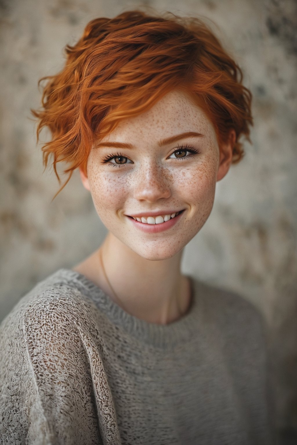 18 yo girl, beautiful, short ginger hair, freckles, shy smile, beautiful, natural skin, textured skin, by vovin, sam yang art style