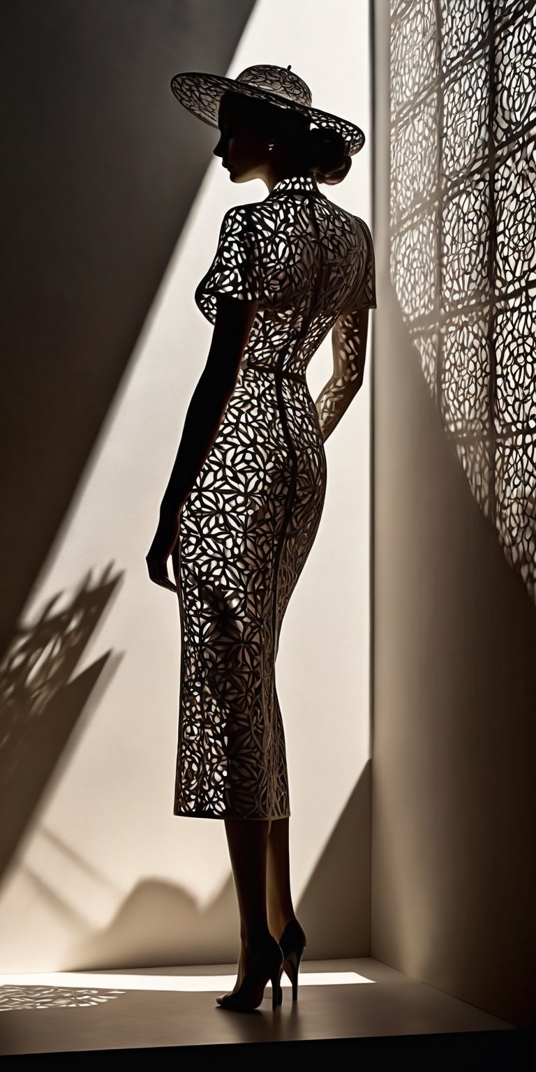 cucoloris patterned illumination, casting shadow style,In a dimension of abstract sophistication, a woman's figure becomes the focal point of an elaborate interplay of shadows. 