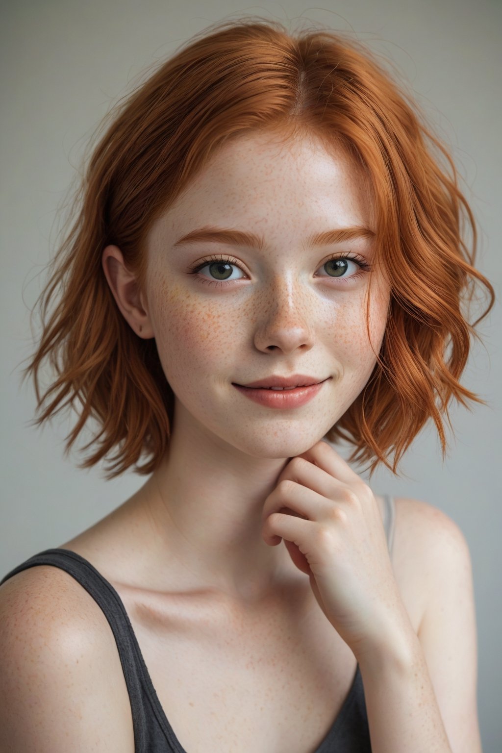 18 yo girl, beautiful, short ginger hair, freckles, shy smile, beautiful, natural skin, textured skin,sam yang style