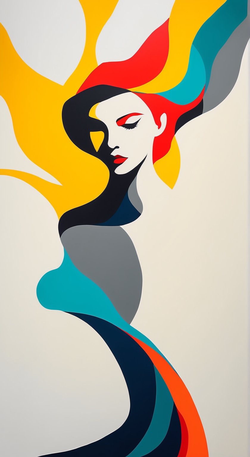 portrait of a woman, upperbody, minimalist, with dynamic movement and bold colors, by vovin,  art_booster,