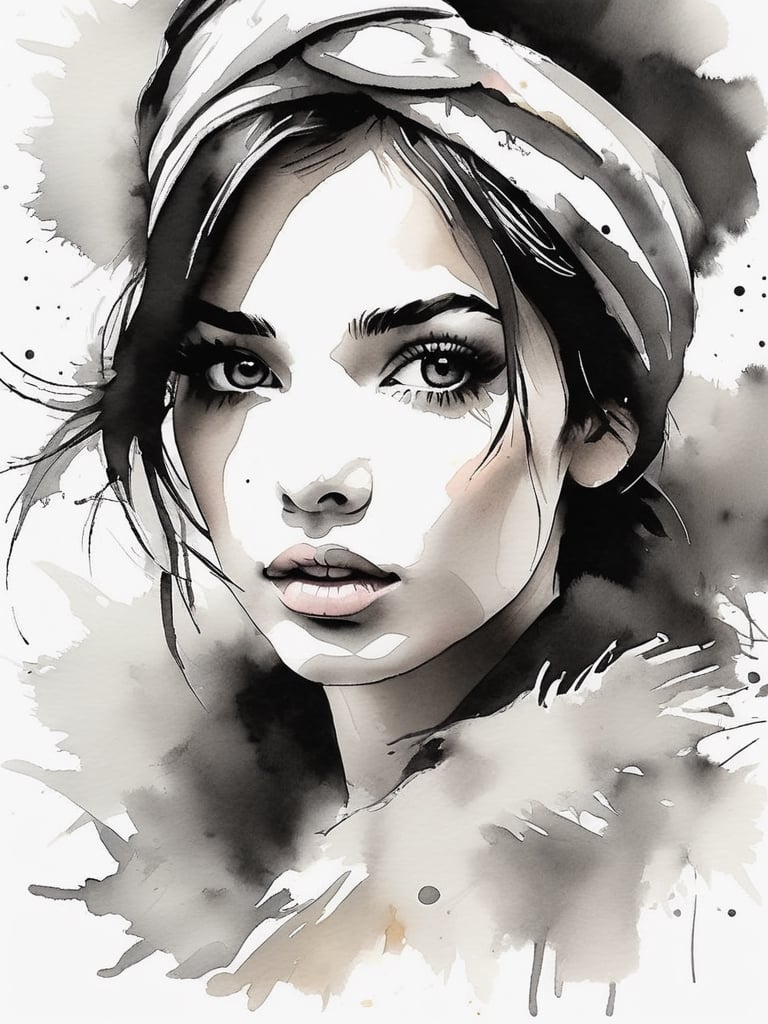 26 yo beautiful european girl,  black hair, thin bandana, eye makeup, very long eyelash, fluffy  lips, open mouth, by vovin, grey eyes, portrait, rough sketch, minimalist sketch, black white sketch and some random color watercolor touch, art_booster