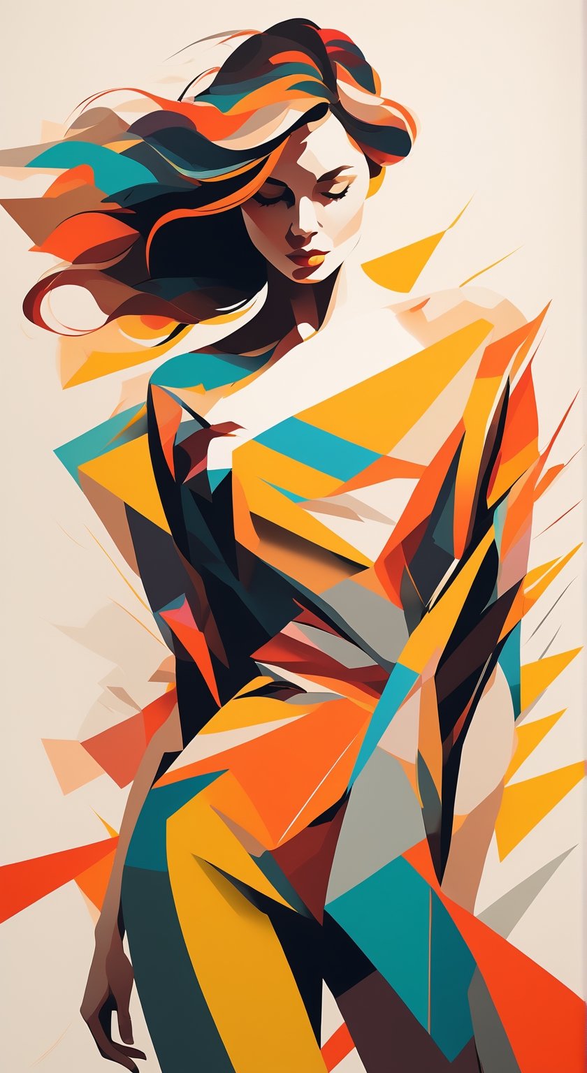 portrait of a woman, upperbody, minimalist, with dynamic movement and bold colors, by vovin, 