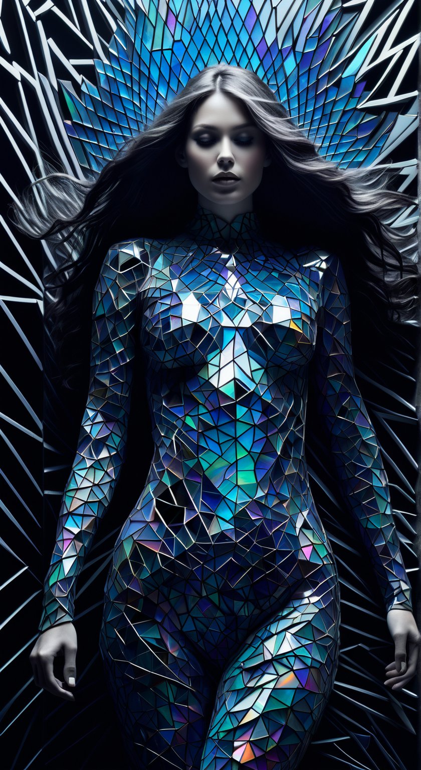 TranslucentGeometry, woman, flowing hair and skin resembling shattered black glass interwoven with geometric patterns, reflecting a complex interplay of colorful abstract and real elements of her surroundings. This stark, monochromatic palette is enriched with bursts of iridescent colors—vivid blues, purples, and greens—that highlight her introspective and poignant expression. Beneath her translucent skin, the skeletal structures incorporate geometric forms, adding an intricate layer of design and delving into themes of identity and self-perception. Rendered in 4K 3D, the focus is on the dark, fragmented texture intertwined with precise geometric lines and dramatic lighting that casts deep, structured shadows interplayed with colorful light reflections, creating an enigmatic and intense atmosphere. Integrate elements of fine white and silver particles forming crystalline shapes across her body, with light and shadows dynamically interacting within the geometrically fragmented form. Artistic motifs include a swirling vortex with angular edges, cosmic waves rendered in sapphire tones with vector-style graphics, and ethereal Yarn DNA structures resembling a sequence of interconnected polygons against a backdrop of a stark, minimalist white wall. Above her, the sky melds surreal cracks with a structured, grid-like pattern, illuminated by a twilight sunset that casts a spectrum of chromatic hues, enhancing the blend of surrealism and structured reality.