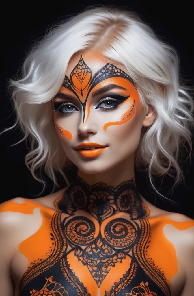 (facepaint, bodypaint,body tattoos), Wet black and orange color inks line art dreamy female portrait with lace filigrees on black canvas illustration described in the perfect fractal style of Vassily Kandinsky, white hair,  seductive smile, nude, (((upper body))), 
(masterpiece, top quality, best quality, official art, beautiful and aesthetic:1.2), upperbody
,photo r3al