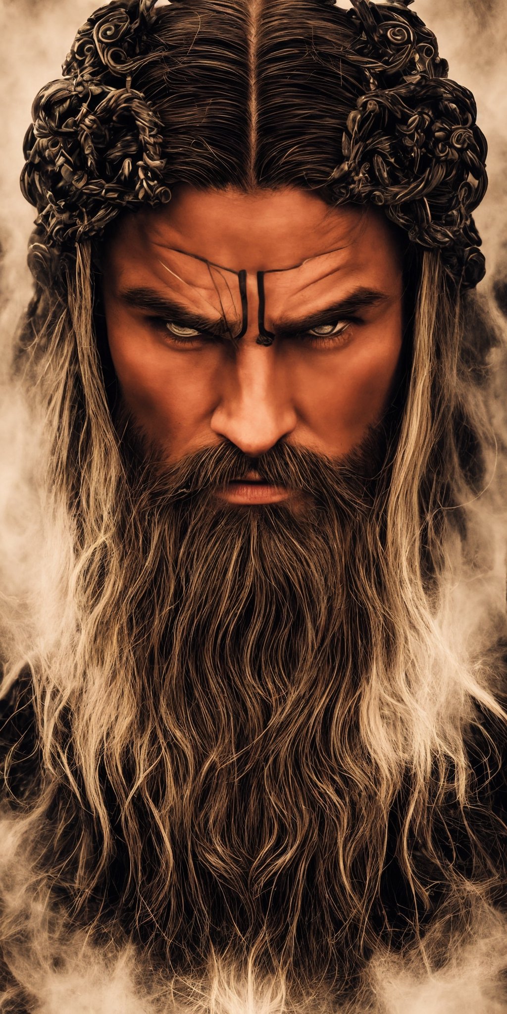 An intense close-up of a Viking warrior with piercing, glowing eyes, surrounded by an inky darkness. His horned helmet gives him an imposing silhouette, while his wild, flowing beard adds a touch of ruggedness. The warrior's face bears an expression of deep anger, a testament to his ferocity in battle. The backdrop is filled with swirling tendrils of inky blackness, reminiscent of ancient mythological forces. The atmosphere is tense, hinting at the mythical powers that surround the warrior. The image combines high detail and an artistic touch, creating a captivating visual experience. Artwork, ink on parchment