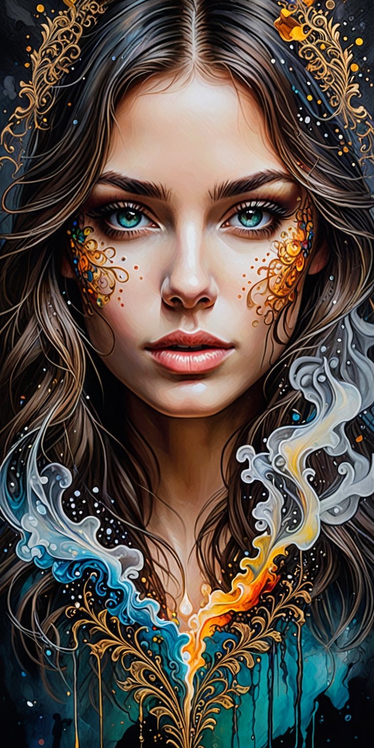 mysterious beautiful woman, perfect face and eyes, Alcohol ink, splatter art, oil painting, smoke, Fantastic Realism and Sharp Focus, Mysterious Filigree Elements, Glowing Accents,fantasy art