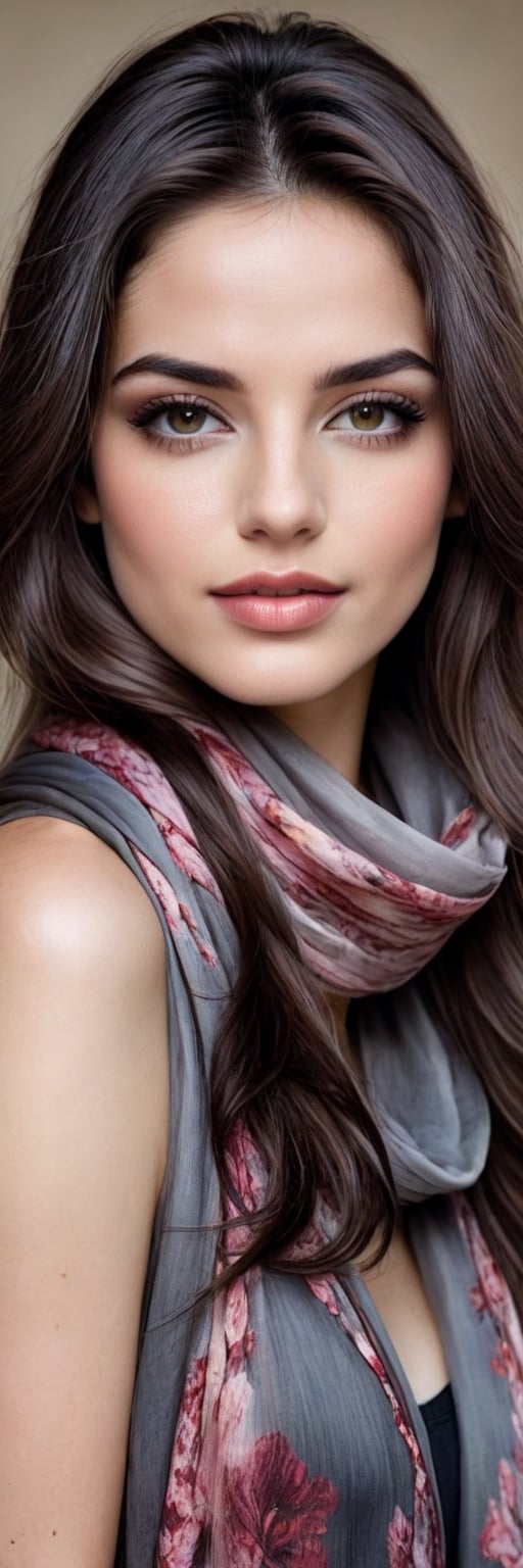 Hyper realistic image of a 25-year-old Mediterranean beauty, her dark chestnut hair flowing freely, adorned with a slender silk scarf. Her deep hazel eyes are highlighted by subtle smoky makeup, and her full, rose-tinted lips part slightly in a whisper of a smile. The portrait captures her in a minimalist style, with bold charcoal lines and splashes of watercolor in earthy tones