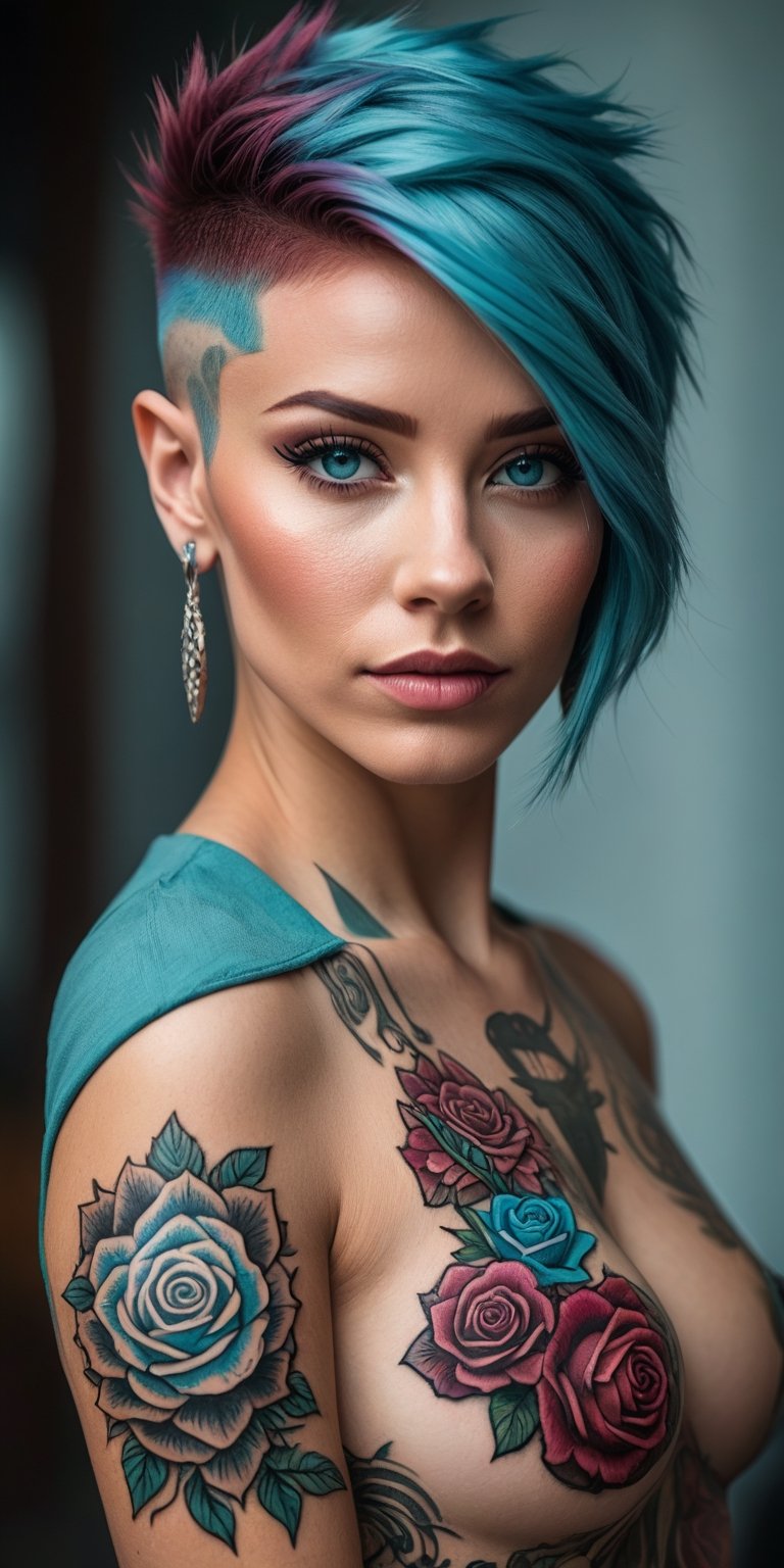 woman wearing Mannerpunk fashion, Mahogany skin, Ice Blue eyes, Turquoise blue Undercut, rose tattoo, portrait, character art, masterpiece, 8k, high resolution, shallow depth of field, sharp focus,