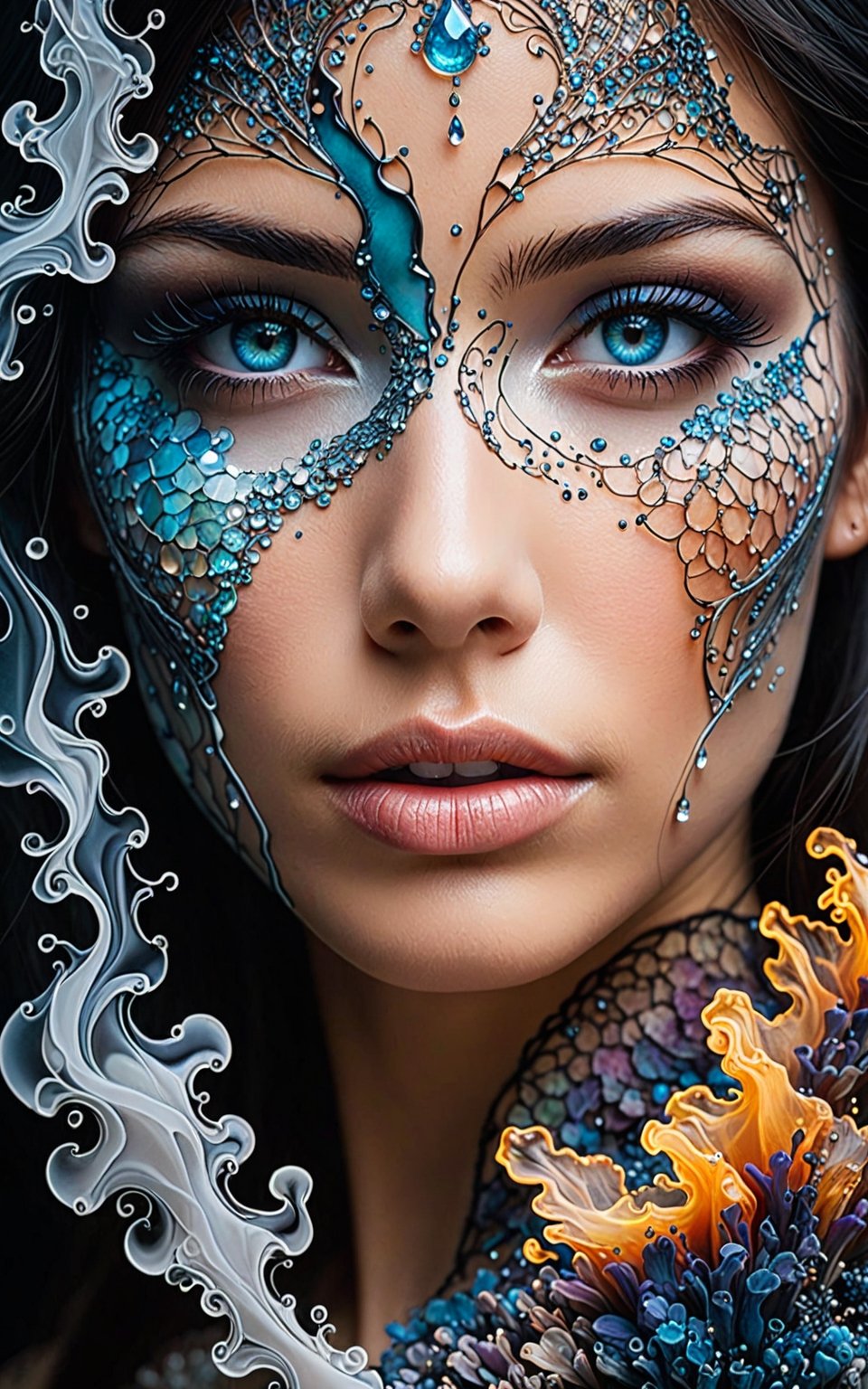 mysterious beautiful woman, perfect face and eyes, Alcohol ink, splatter art, oil painting, smoke, Miki Asai Macro photography, close-up, Fantastic Realism and Sharp Focus, Mysterious Filigree Elements, Glowing Accents,fantasy art