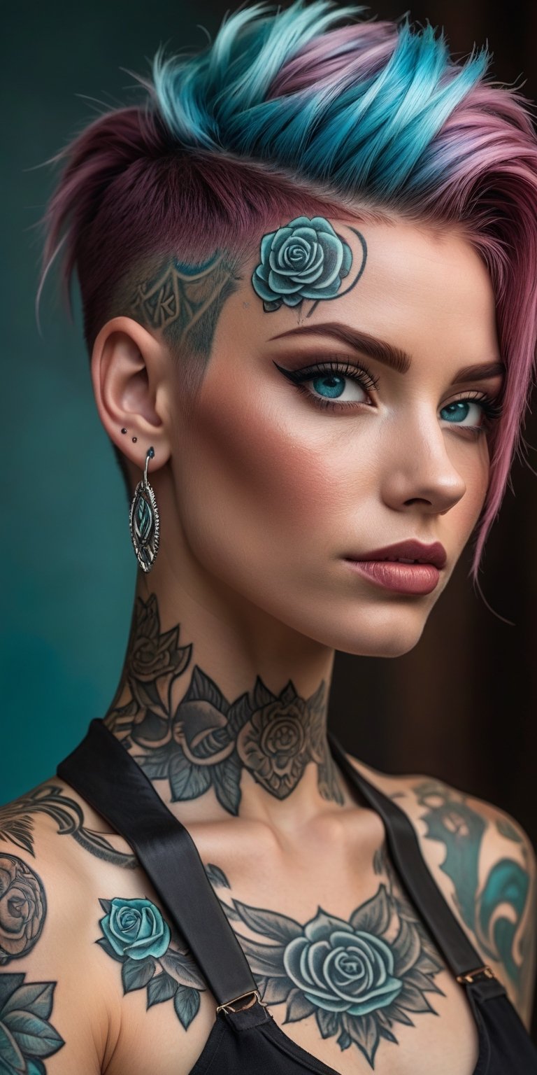 woman wearing Mannerpunk fashion, Mahogany skin, Ice Blue eyes, Turquoise blue Undercut, rose tattoo, portrait, character art, masterpiece, 8k, high resolution, shallow depth of field, sharp focus,