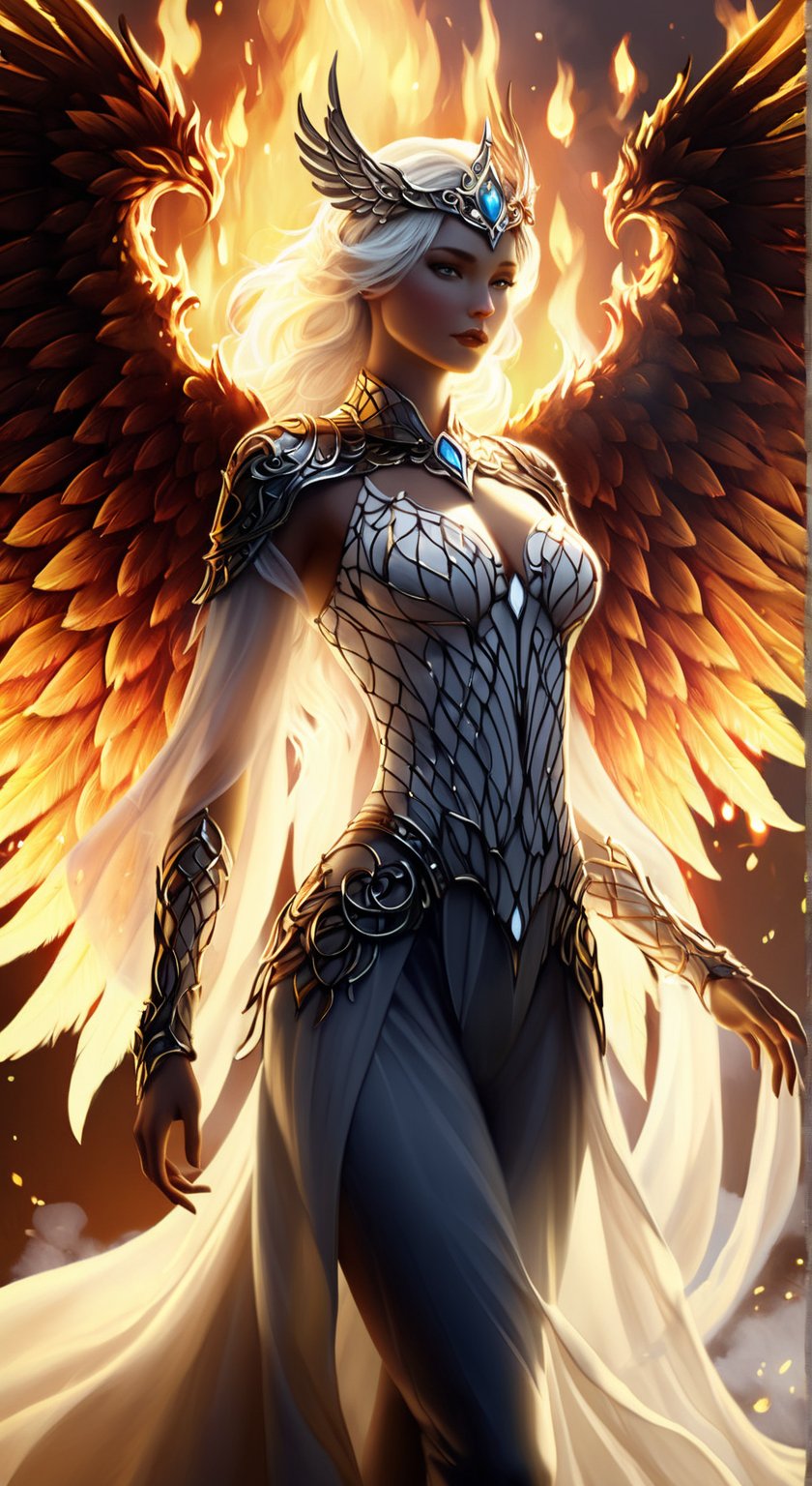 In a garden of fire and crystal, white, stands a breathtakingly beautiful woman. Intricate lattices of molten gold can be seen molded directly into her pearly white skin. This second skin, a blend of grace and brutality, glows with an inner light and reflects the desolate landscape around it. It frames her silhouette in the darkening light. Huge wings of fire, silhouettes, long shadows, beautiful sky, beautiful cape, reflections, black bodysuit,