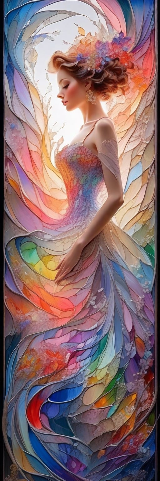  woman, Colorful glass . No background. Captured with exquisite detail on a canvas painting, the mesmerizing image evokes a sense of wonder and enchantment, showcasing the exquisite beauty of this unique creature. 3D, Magical, Fabulous, Masterpiece Painting, Highly Detailed, Captivating, Enchanting, Diffuse Light, Perfect Composition, , Trending on Artstation, Sharp Focus, Studio Photo, Intricate Details, Highly Detailed, by Greg Rutkowski, 